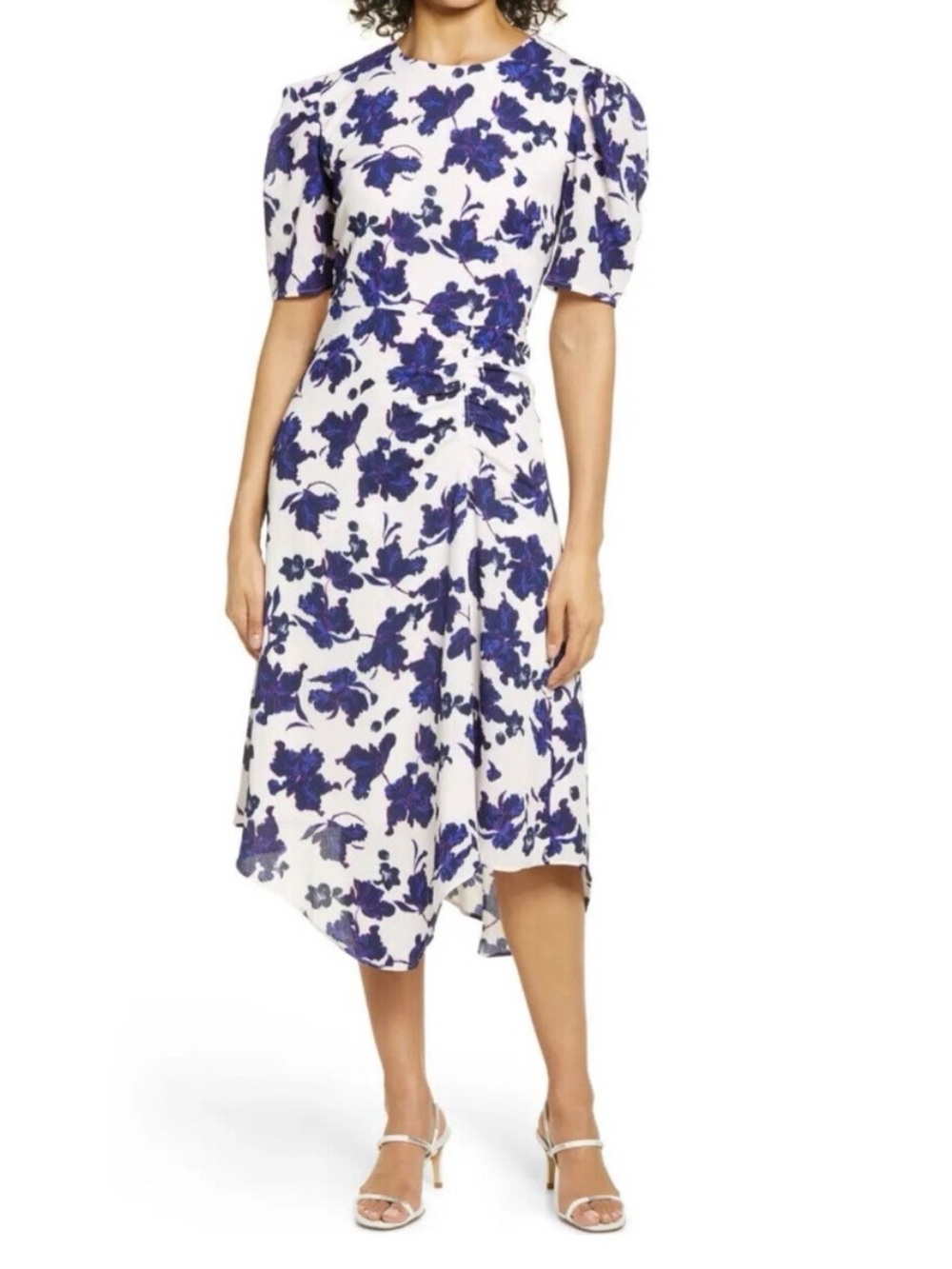 Halogen White & Blue Floral Midi Dress with Puff Sleeves